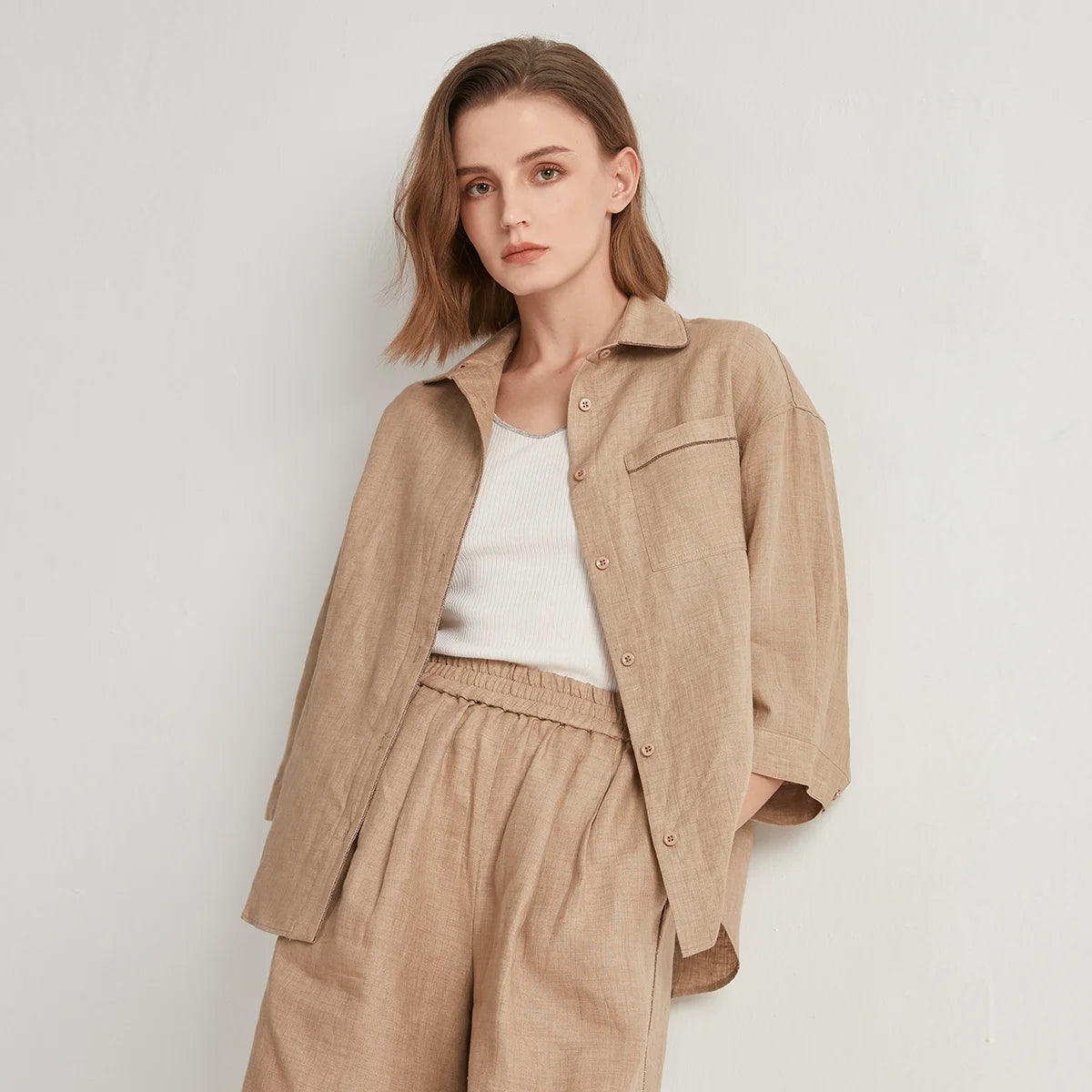 100% Pure Linen Summer Polo Shirts Ladies Blouse Light Coffee