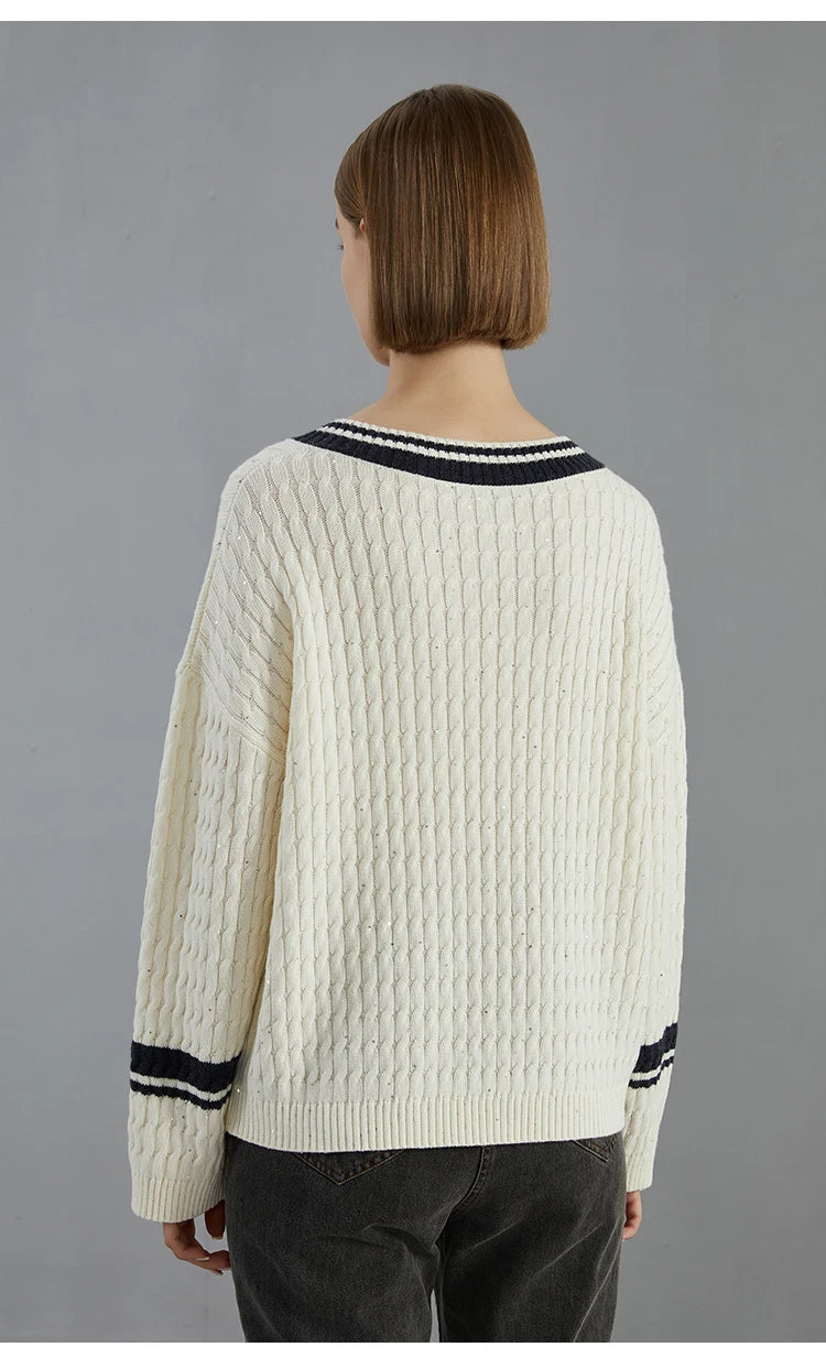 Luxury 100% Wool Pullover V neck loose Knitted Sweater