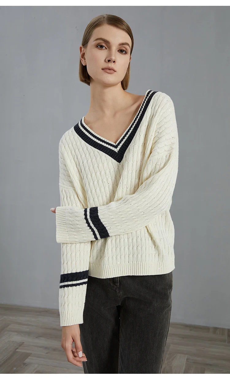 Luxury 100% Wool Pullover V neck loose Knitted Sweater