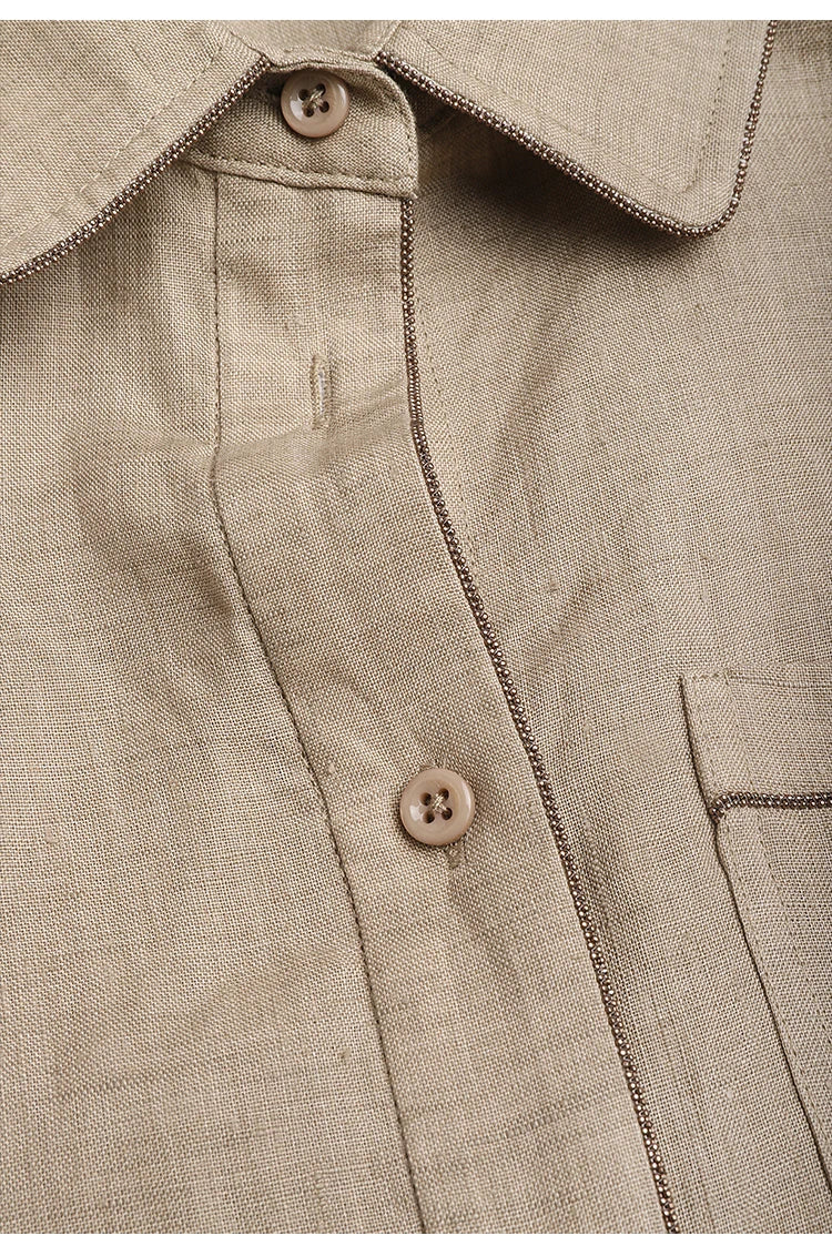 100% Pure Linen Summer Polo Shirts Ladies Blouse Light Coffee