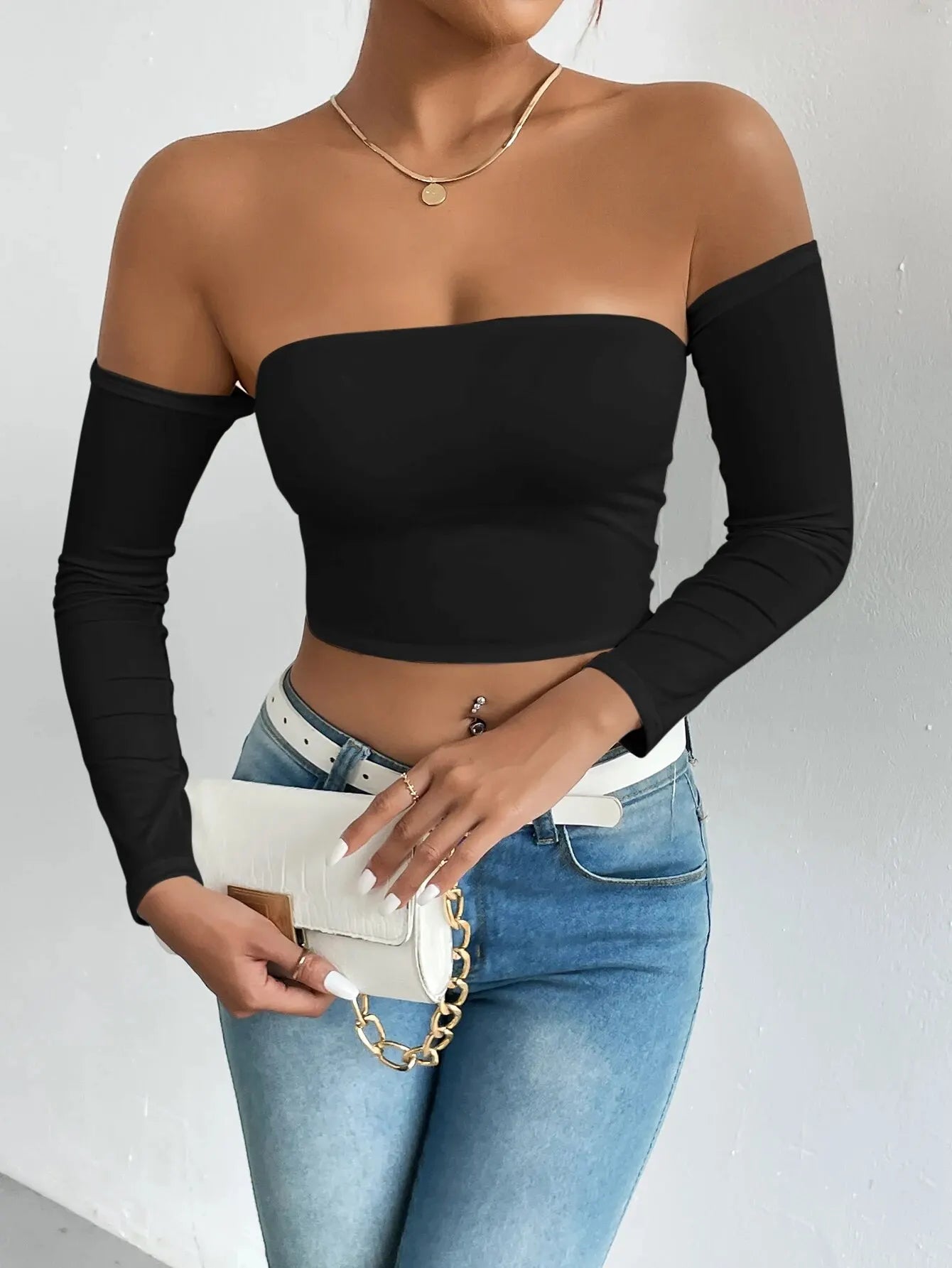 Off Shoulder Long Sleeve Crop Top