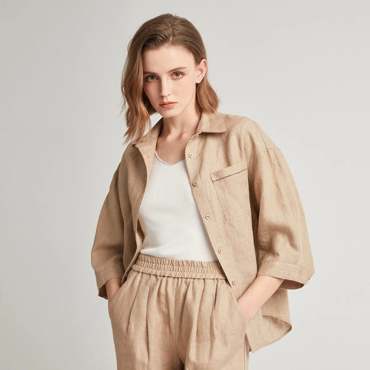 100% Pure Linen Summer Polo Shirts Ladies Blouse Light Coffee