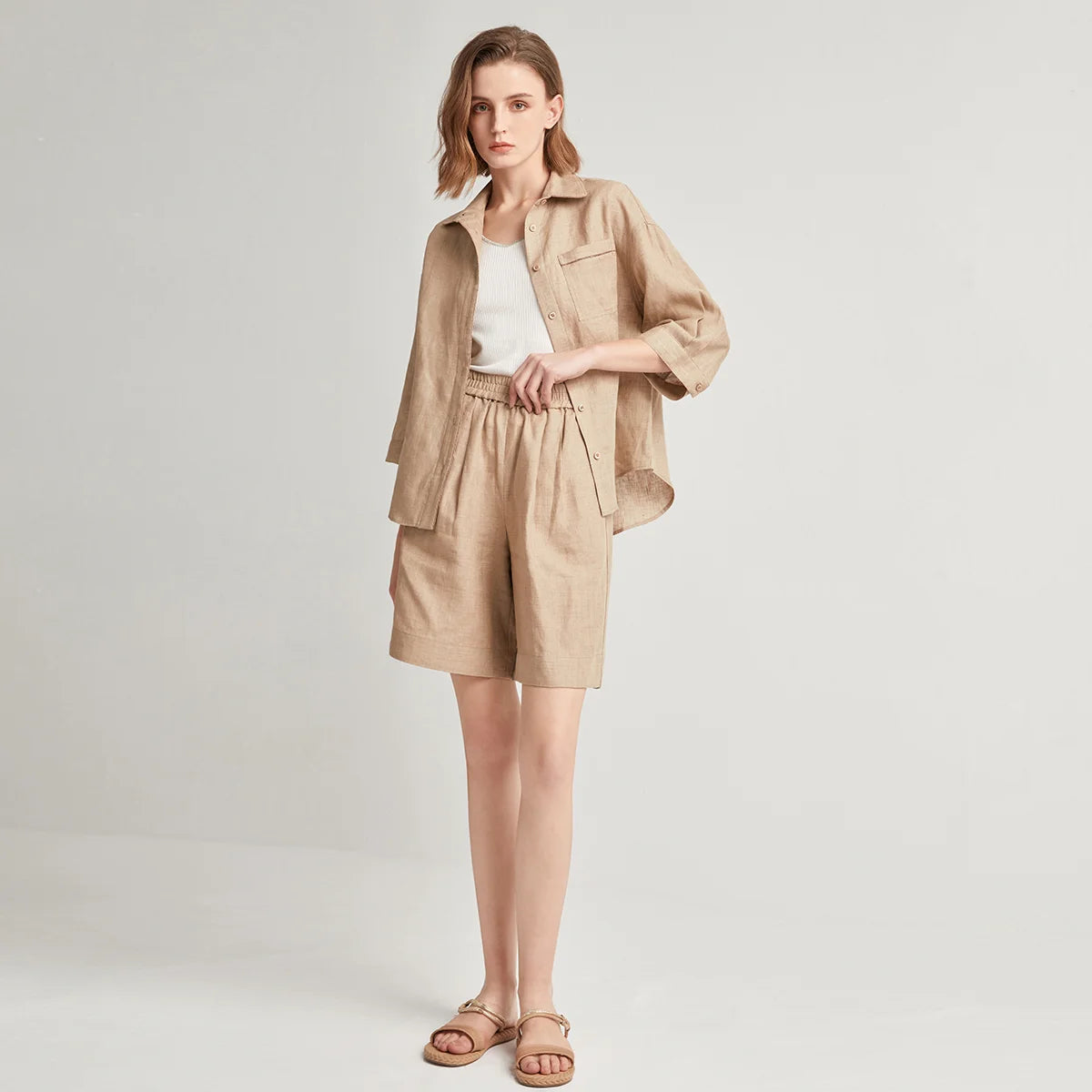 100% Pure Linen Summer Polo Shirts Ladies Blouse Light Coffee