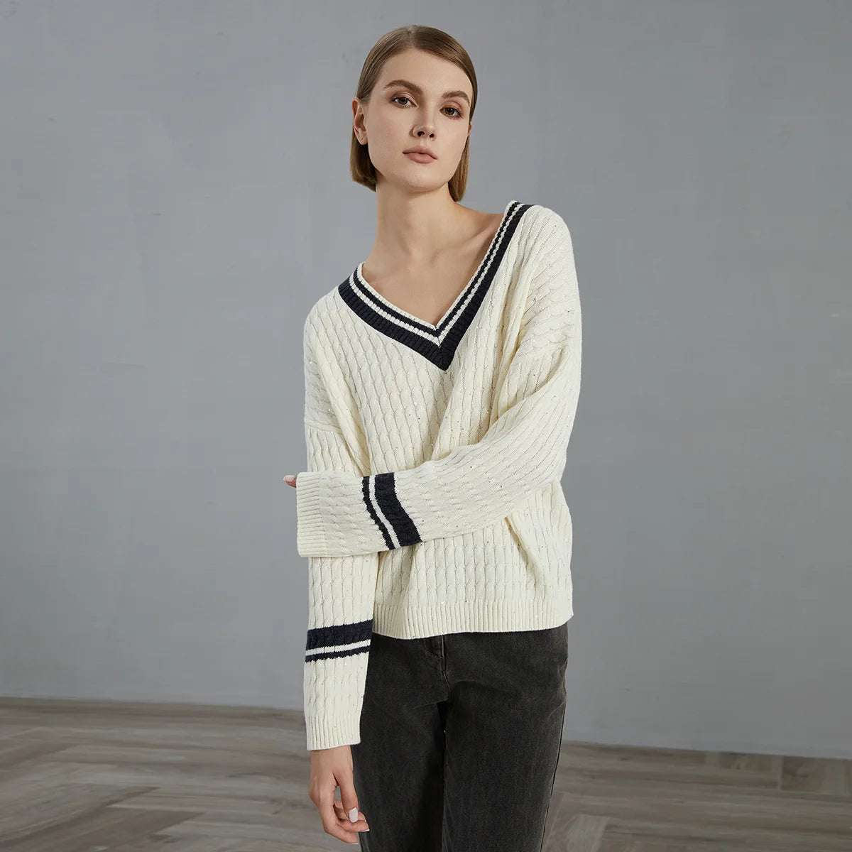 Luxury 100% Wool Pullover V neck loose Knitted Sweater