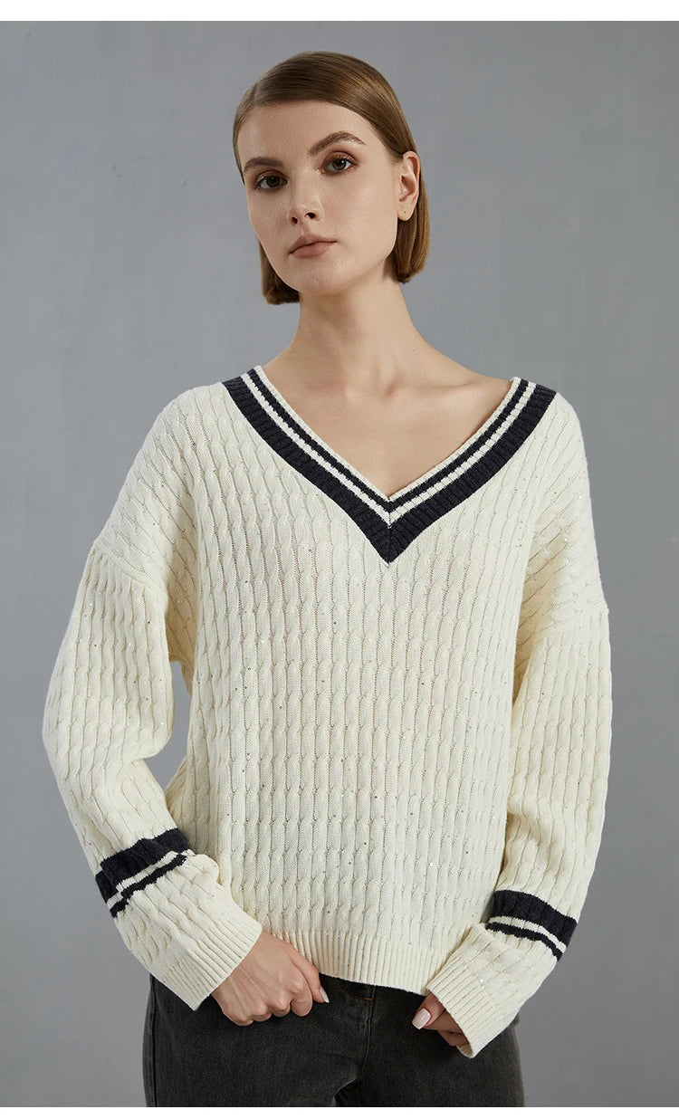 Luxury 100% Wool Pullover V neck loose Knitted Sweater