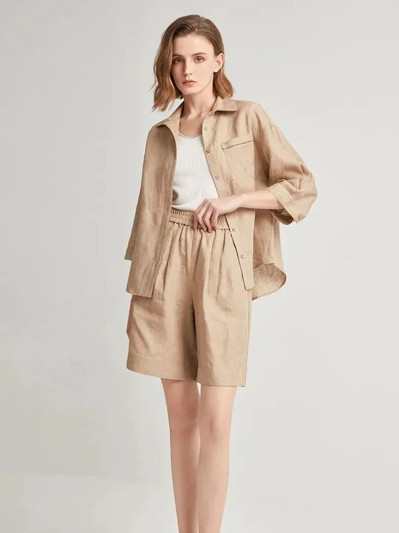 100% Pure Linen Summer Polo Shirts Ladies Blouse Light Coffee