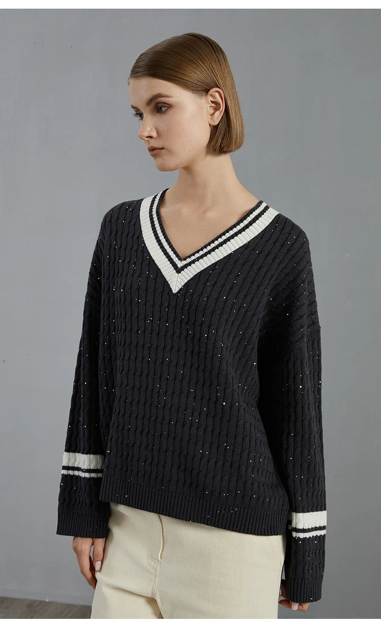 Luxury 100% Wool Pullover V neck loose Knitted Sweater