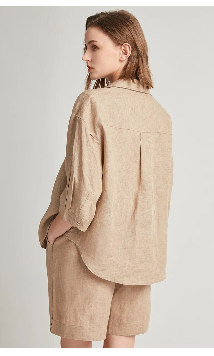 100% Pure Linen Summer Polo Shirts Ladies Blouse Light Coffee