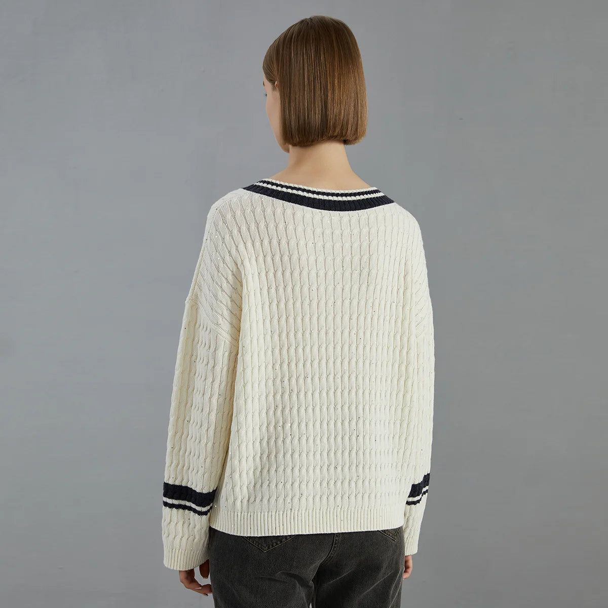 Luxury 100% Wool Pullover V neck loose Knitted Sweater