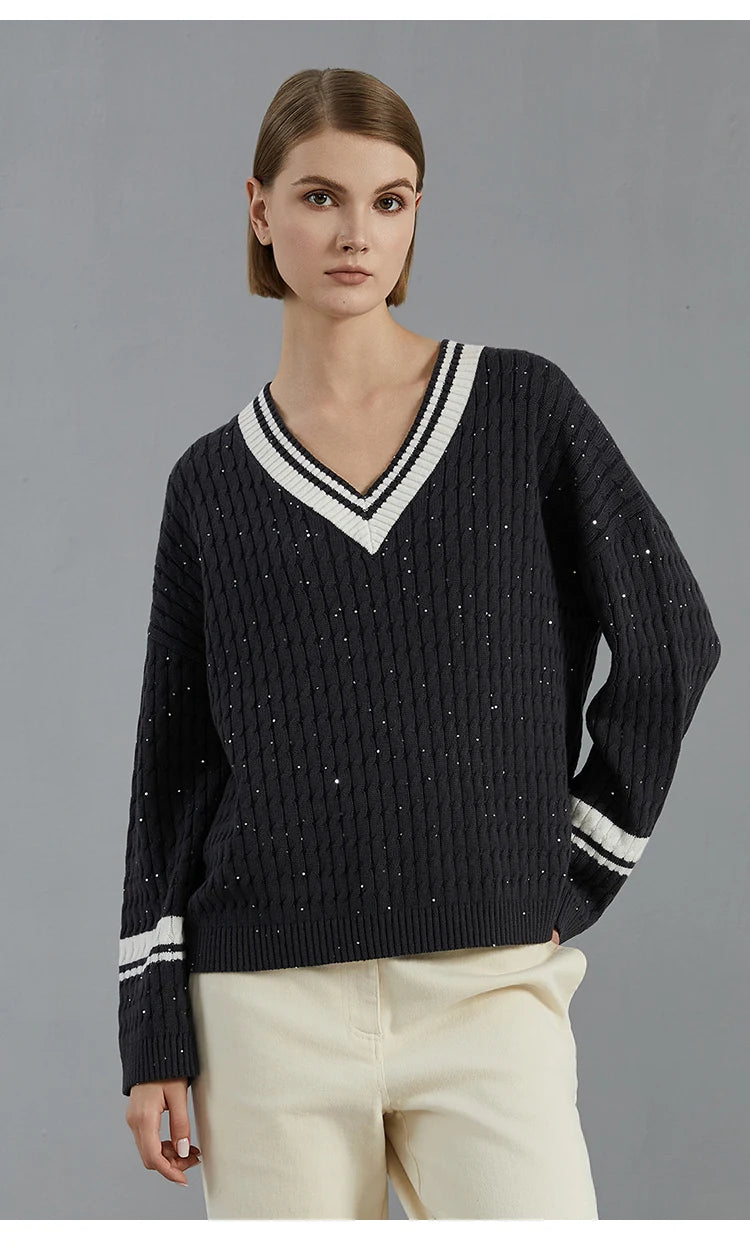 Luxury 100% Wool Pullover V neck loose Knitted Sweater