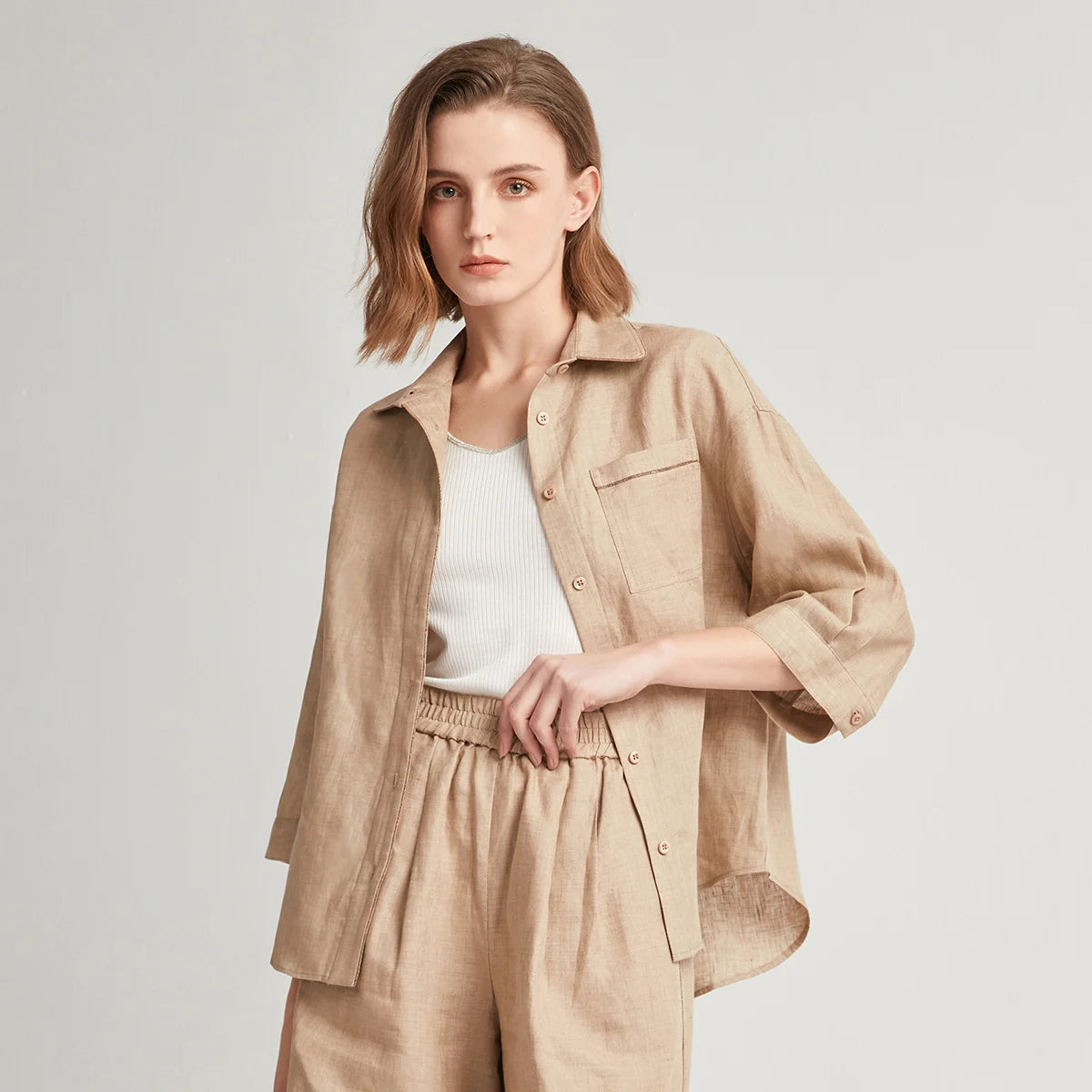 100% Pure Linen Summer Polo Shirts Ladies Blouse Light Coffee
