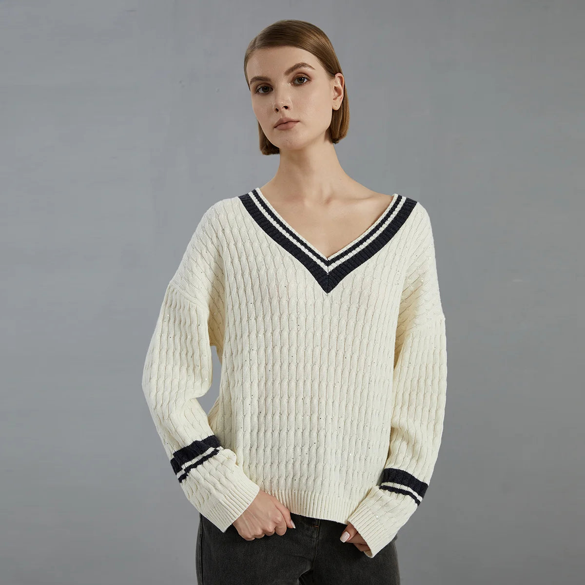 Luxury 100% Wool Pullover V neck loose Knitted Sweater