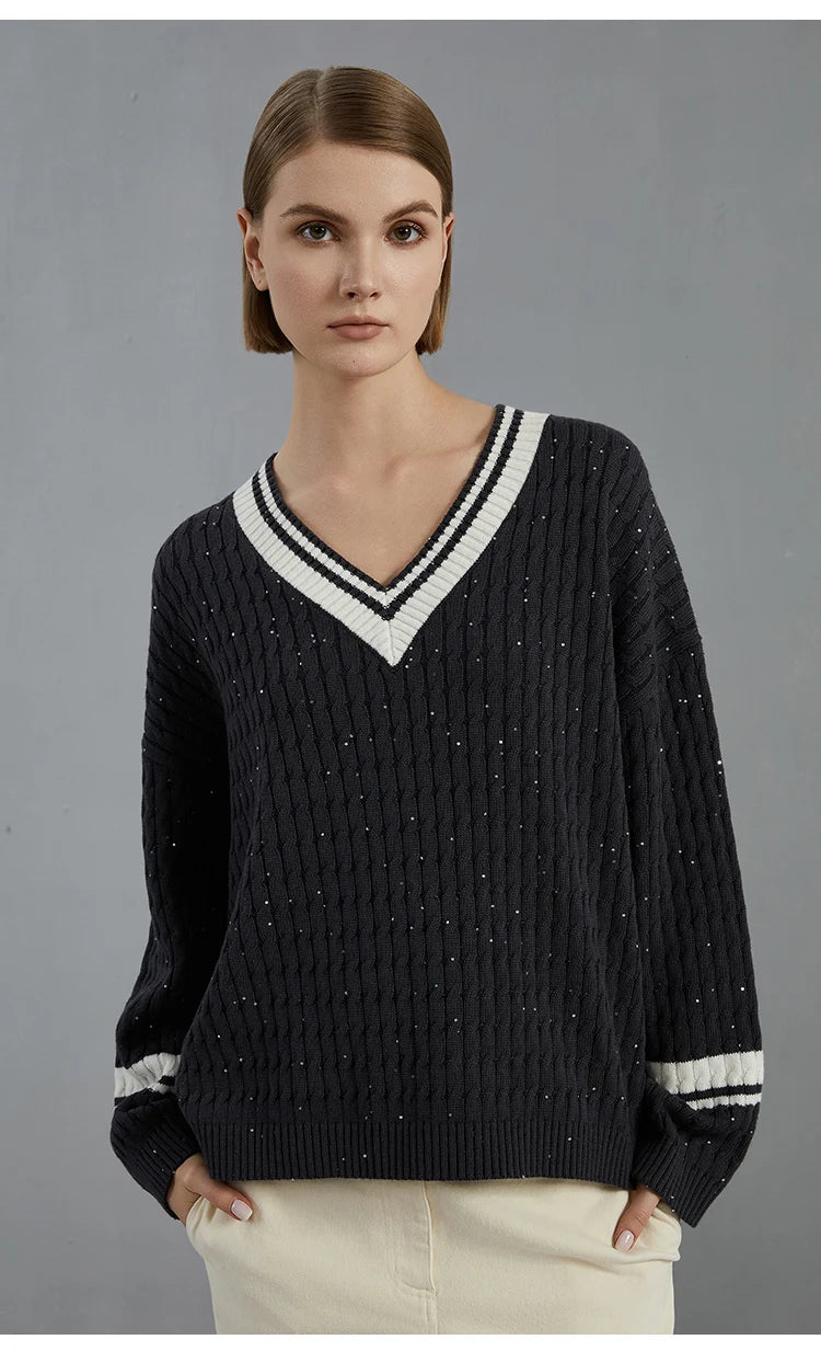 Luxury 100% Wool Pullover V neck loose Knitted Sweater