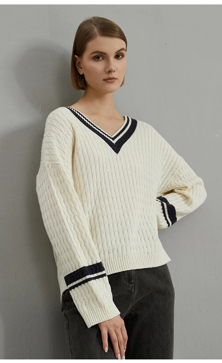 Luxury 100% Wool Pullover V neck loose Knitted Sweater