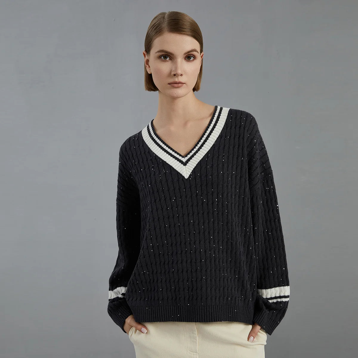 Luxury 100% Wool Pullover V neck loose Knitted Sweater