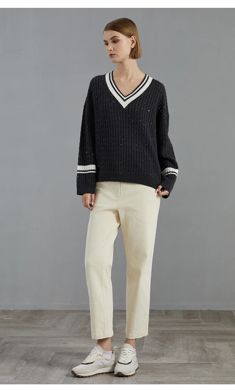Luxury 100% Wool Pullover V neck loose Knitted Sweater