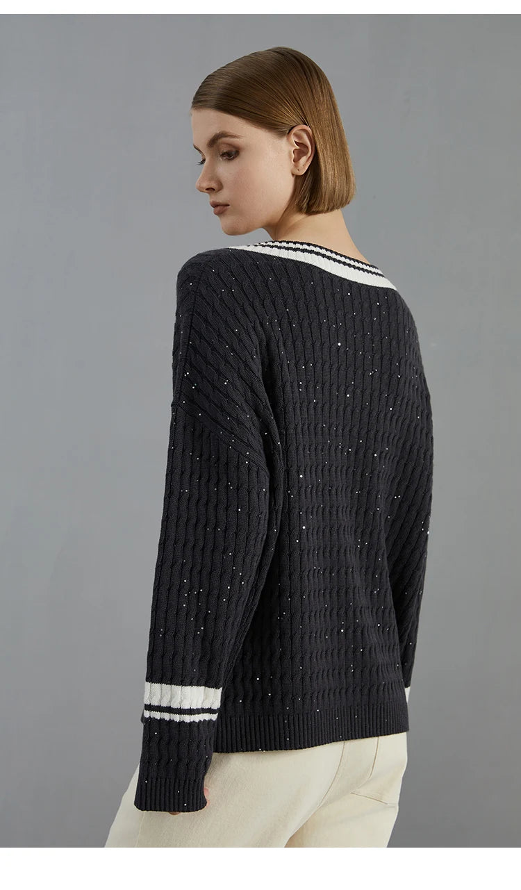 Luxury 100% Wool Pullover V neck loose Knitted Sweater