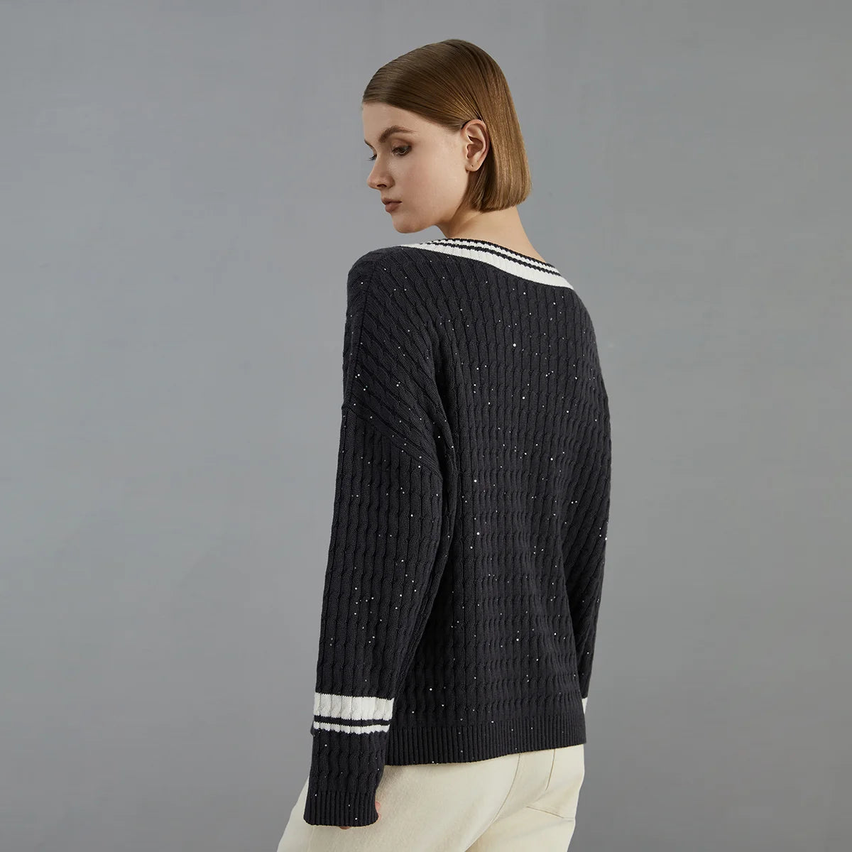Luxury 100% Wool Pullover V neck loose Knitted Sweater
