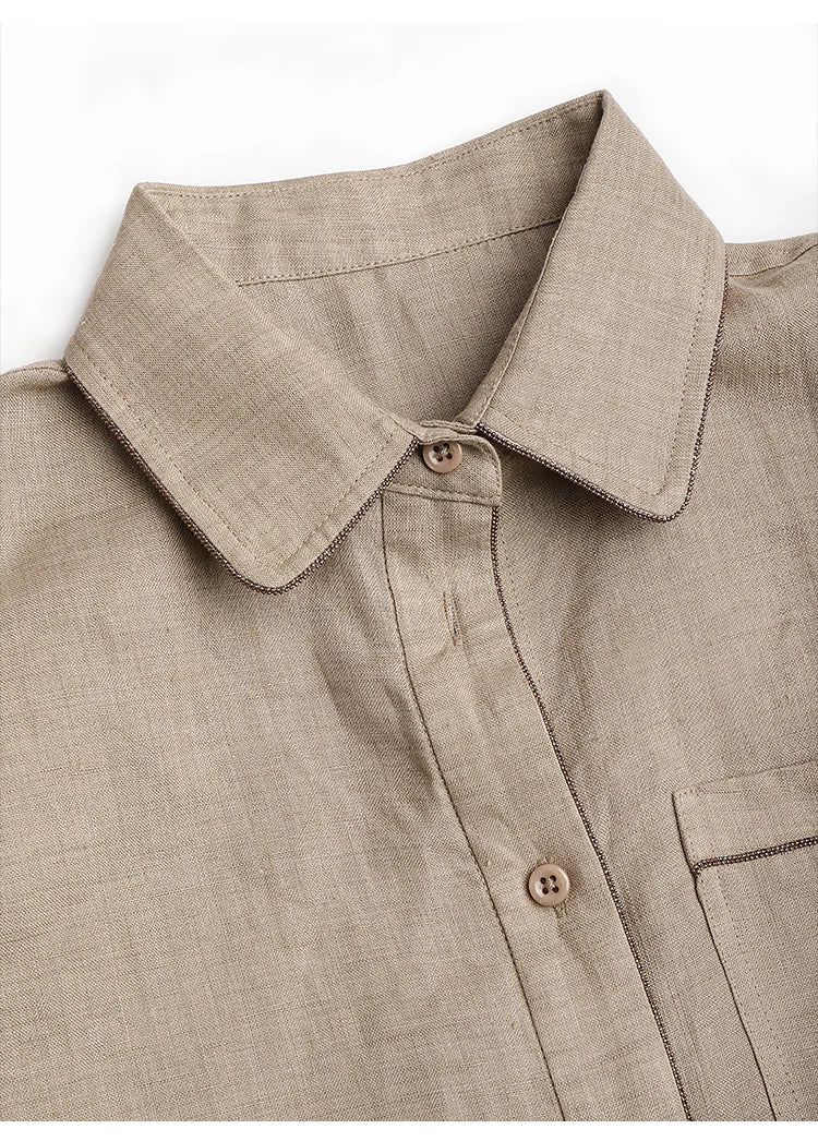 100% Pure Linen Summer Polo Shirts Ladies Blouse Light Coffee