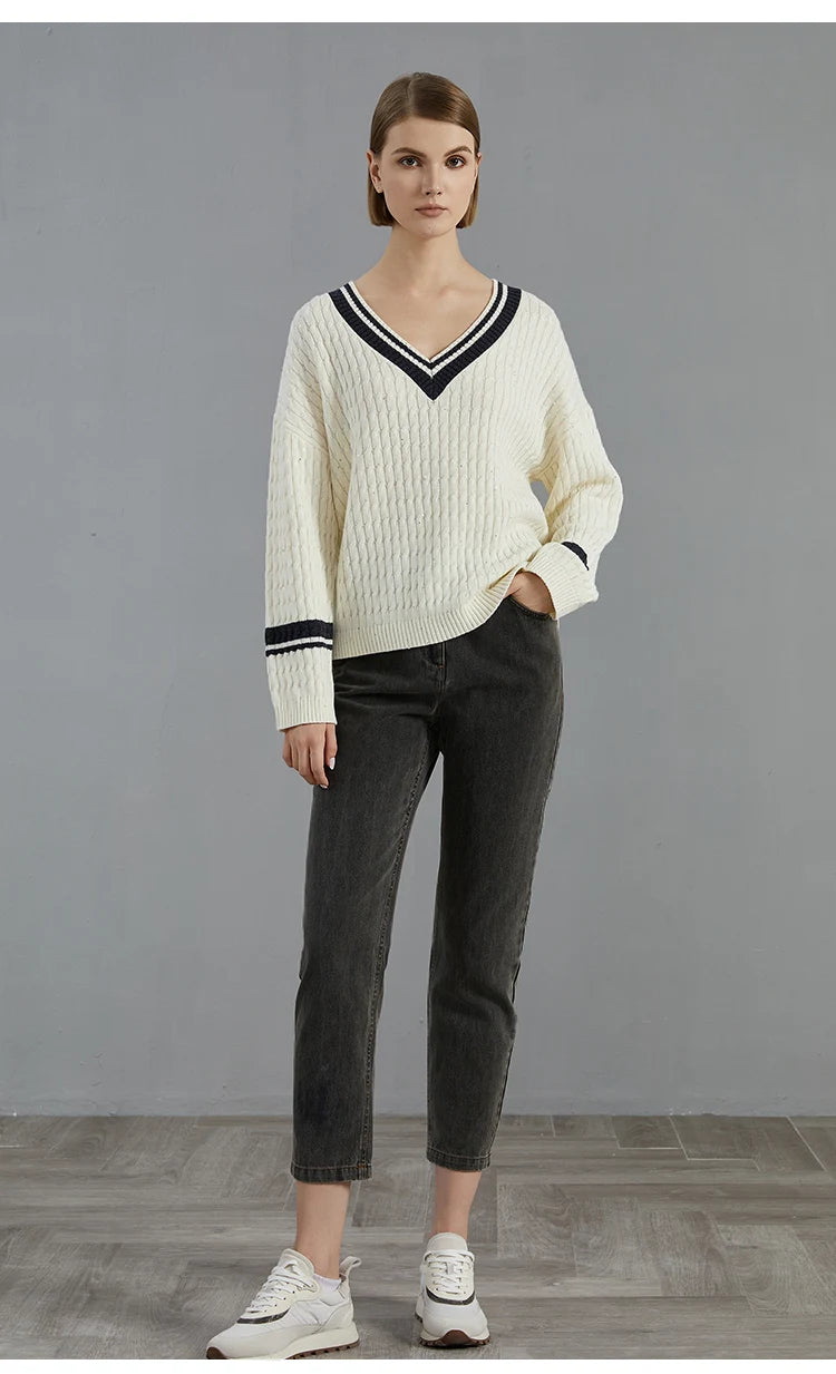 Luxury 100% Wool Pullover V neck loose Knitted Sweater